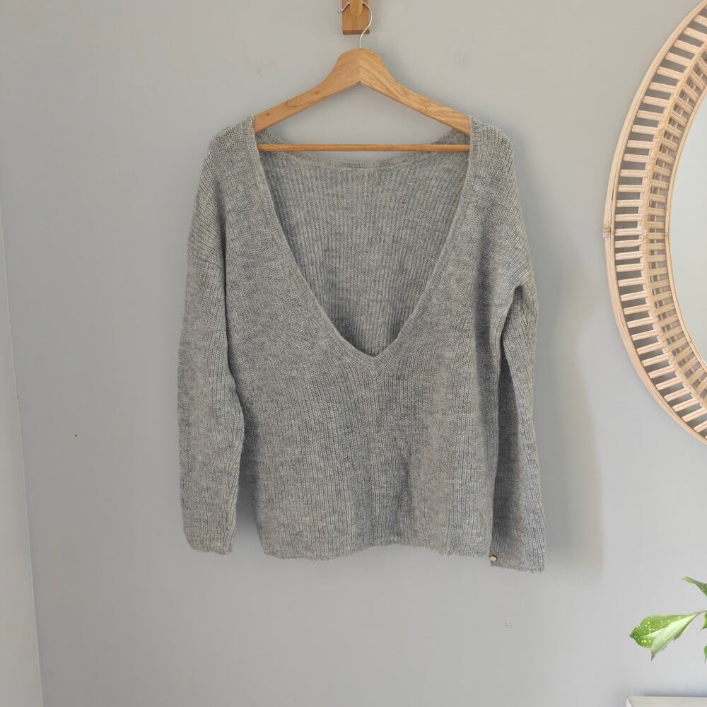 SEZANE Robin Jumper Grey Mohair Alpaca Reversible Deep V Neck Sweater S
